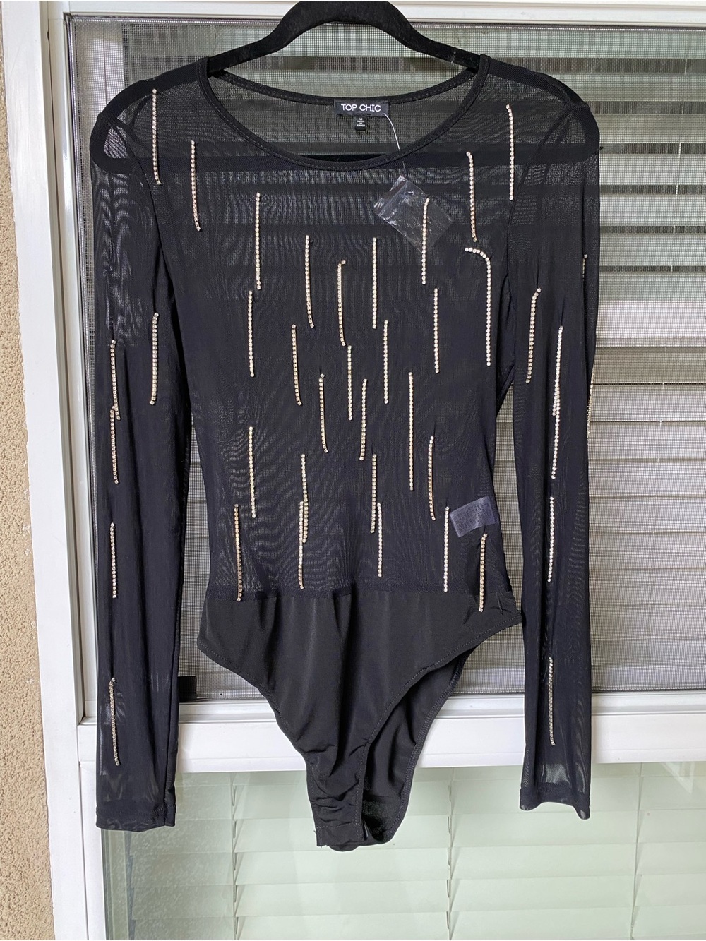 Top Chic Black Long-Sleeve Mesh Bodysuit with Rhinestone Accents
